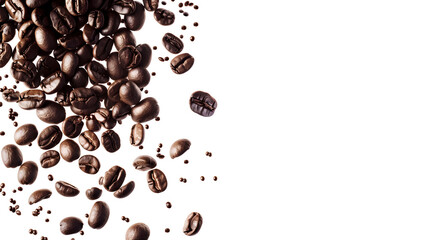 Flying whirl roasted coffee beans in the air studio shot isolated on white background long banner with copyspace, Healthy products by organic natural ingredients