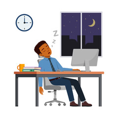 man employee work overtime at night, feeling sleepy and sit in desk working on office with computer