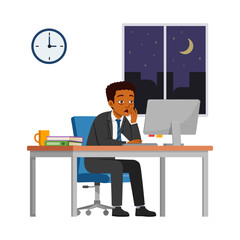 man employee work overtime at night, feeling sleepy and sit in desk working on office with computer