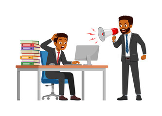 man employee sit in desk working on office with computer, boss standing angry