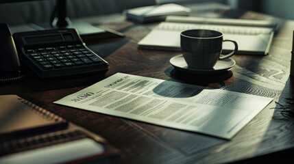 Intricate macro shot of a sleek desk setup with a calculator, documents, and a cup of coffee, highlighting the textures and details in ultra-high resolution