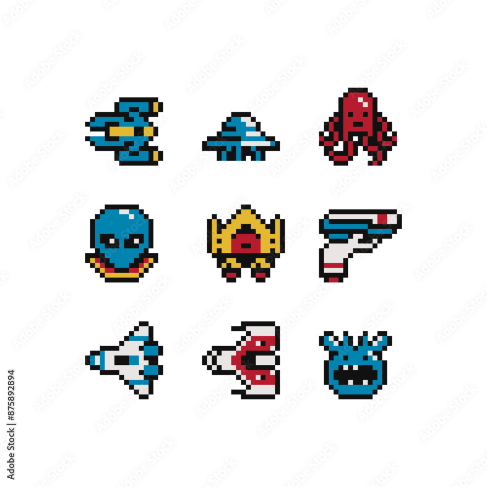 Poster video game spaceship and characters. pixel art style icon. sci-fi game logo. sticker design. 8-bit s