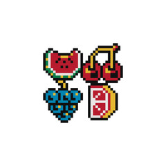 Fruits pixel art icons set, cherries, watermelon, grapes. Design for logo, sticker and mobile app. Isolated vector illustration.