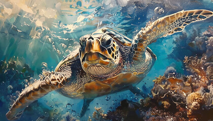 Obraz premium Write about a marine biologist who uses a portrait of a happy sea turtle to study the behavior and emotions of marine animals. What discoveries do they make, and how does the portrait contribute t