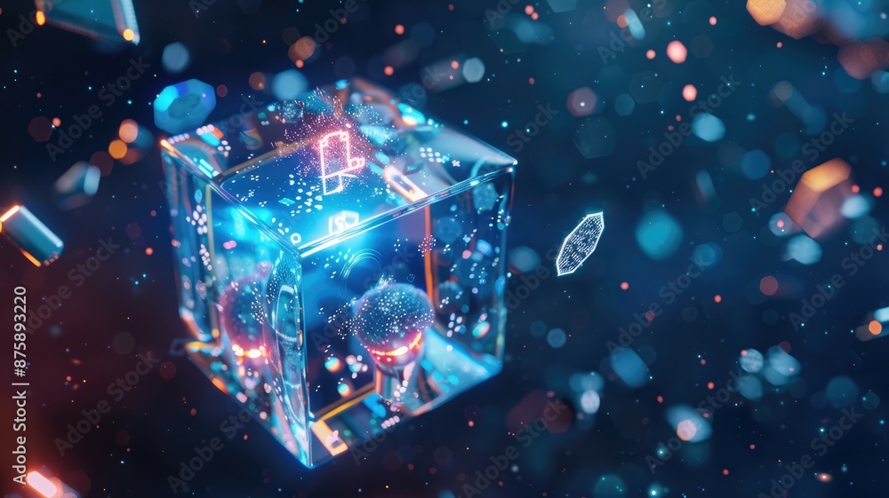 Poster an explosion of colorful abstract digital data elements occurs inside a crystal cube in a futuristic