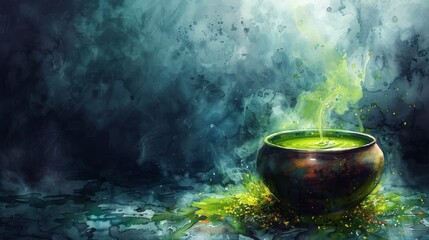 Watercolor painting of a cauldron bubbling with green potion, copy space banner, vintage background 
