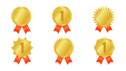Award medal ribbon crown rank design elements. Set different golden shapes. Medals with a red ribbon. For presentations of projects and website advertising. Vector illustration.