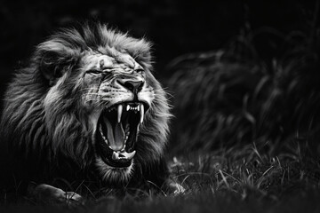  Black and white photo of an angry lion roaring, sharp teeth visible against dark background. Lion is sitting on grass with its head tilted back showing his power and strength.  © Welle Photos