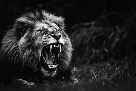 
Black and white photo of an angry lion roaring, sharp teeth visible against dark background. Lion is sitting on grass with its head tilted back showing his power and strength. 