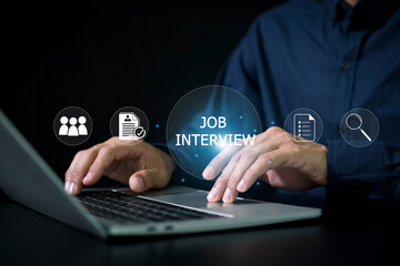 Job interview concept. Businessman using laptop with job interview icon on virtual screen employee recruitment and onboarding program. occupational, applicants, recruit, and hiring.