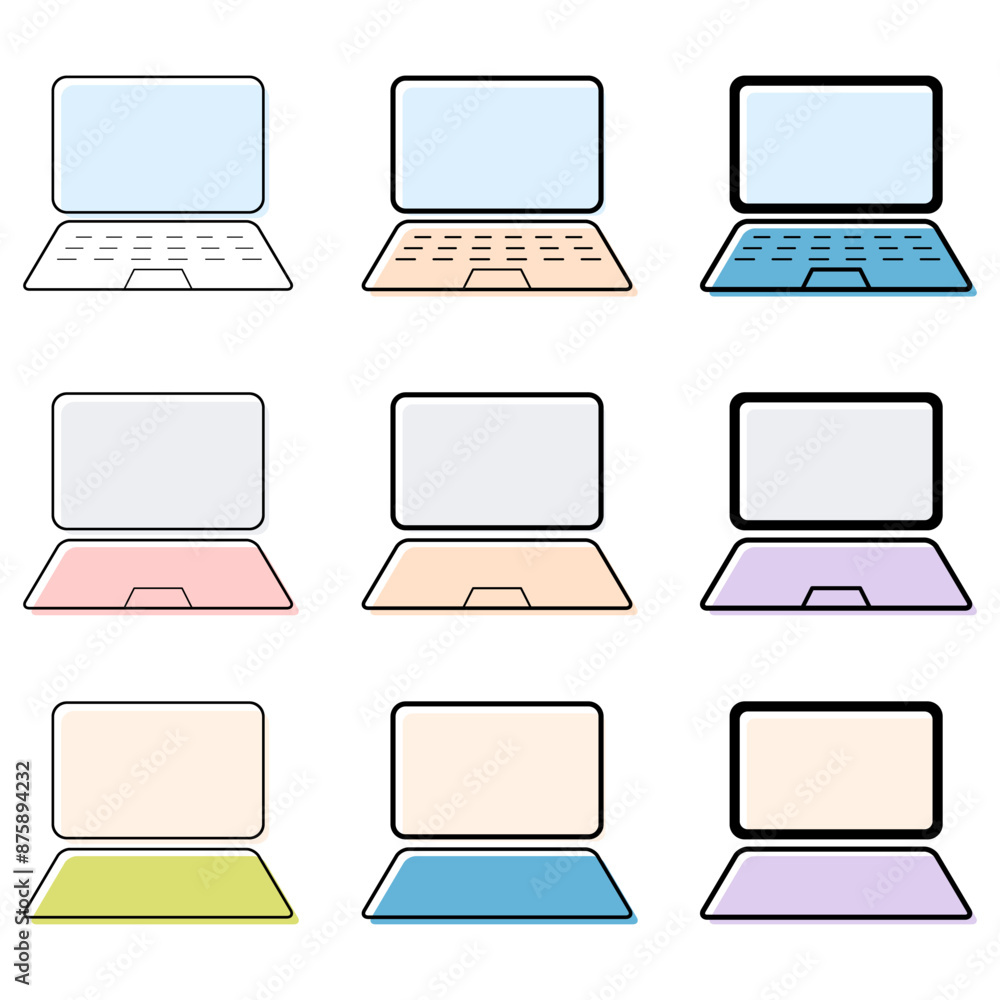 Poster set of laptop flat web icon, notebook computer technology symbol , blank display vector illustration
