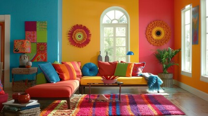 Unique colorful painted living room walls in contemporary residential interior