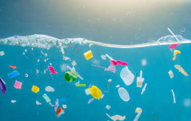 Obraz premium microplastics floating in the current, micro plastic pollution in ocean water. Generative AI.