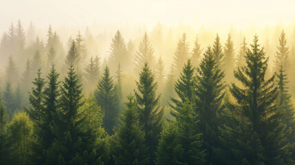 Forest in a dense fog, broken by the sunlight, created with generative AI technology