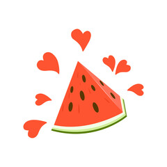 A slice of watermelon with splashes in the shape of a heart. 