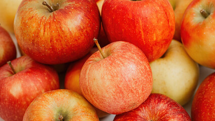 resh apples, showcasing their vibrant red and yellow skins. The apples are arranged closely together, highlighting their crisp texture and natural appeal