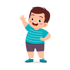 little fat kid standing and waving hand and feeling happy