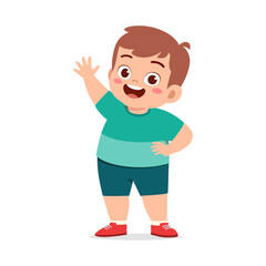 little fat kid standing and waving hand and feeling happy