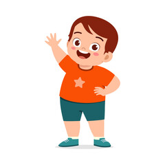 little fat kid standing and waving hand and feeling happy