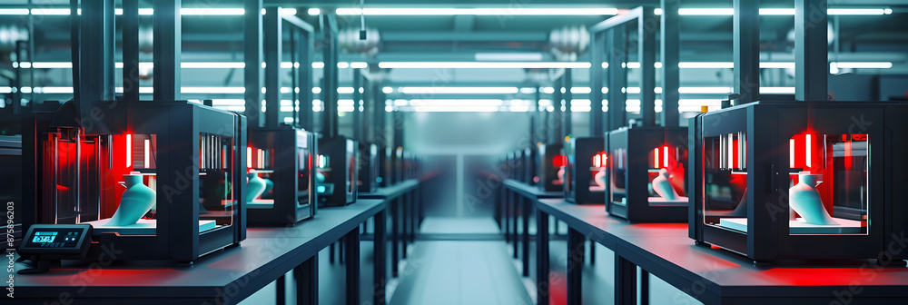 Poster a row of 3d printers working in unison at a futuristic workshop
