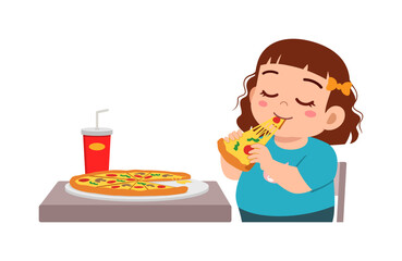 little kid eat pizza food and feeling happy