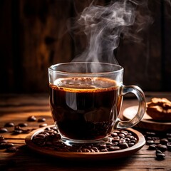 Fototapeta premium Steaming Cup of Coffee with Coffee Beans on Wooden Table.