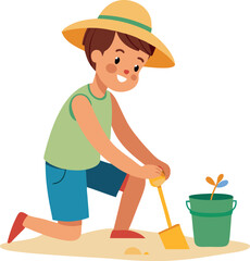 Happy Boy Planting Tree Seedling With a Shovel Outdoors