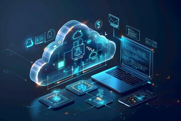 digital illustration of cloud computing technology with glowing clouds, surrounded in the style of laptops and mobile devices displaying data flow icons