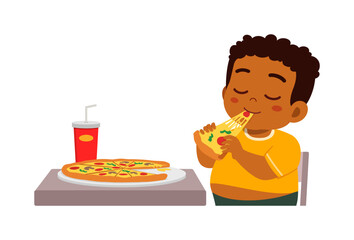 little kid eat pizza food and feeling happy