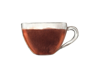 Cup of coffee or tea. Glass mug with hot brown drink. Coffee break. Herbal black tea for English breakfast. Watercolor illustration isolated on white. Element promotes calmness and rejuvenation