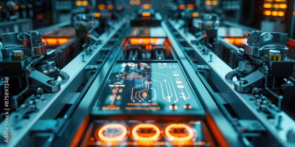 Poster detailed view of stateoftheart production line with advanced circuitry and electronic components aig