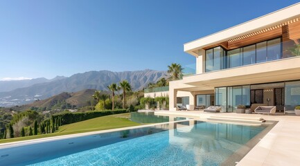 Fototapeta premium Villa de luxe moderne avec piscine, vue sur les montagnes, ciel bleu, terrasse spacieuse pour la vie en plein air.
