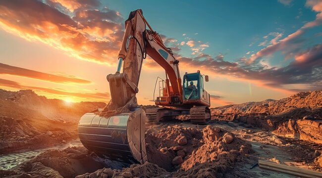 Une pelleteuse au coucher du soleil sur un chantier de construction, travaillant dans la boue et la salet&eacute;, avec un ciel bleu et des nuages orange en arri&egrave;re-plan.