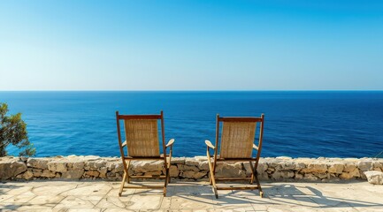 Fototapeta premium Deux chaises en bois sur la terrasse en pierre surplombant la mer bleue avec des rochers et des plantes par une journée ensoleillée dans le style méditerranéen.