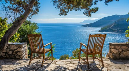 Fototapeta premium Deux chaises en bois sur la terrasse en pierre surplombant la mer bleue avec des rochers et des plantes par une journée ensoleillée dans le style méditerranéen.