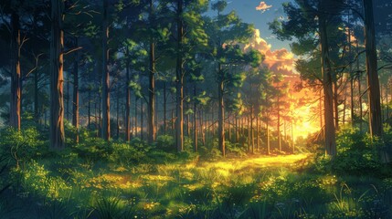 Obraz premium Anime-style digital painting of a dense pine forest with a bright sunset breaking through the trees, casting long shadows and illuminating the vibrant green undergrowth.