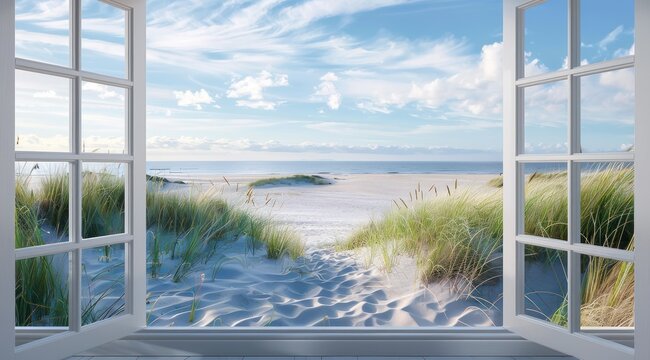 Une fen&ecirc;tre ouverte sur une plage, vue sur la mer, ciel bleu avec nuages, concept de vacances.