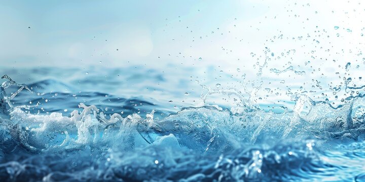 Fond d'eau avec &eacute;claboussures de gouttes, banni&egrave;re pour une pr&eacute;sentation sur le th&egrave;me de la nature, de la protection de l'environnement et du traitement de l'eau.