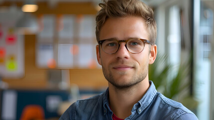 Obraz premium Product Launch: A product manager in a modern office, showcasing a product launch strategy with colorful infographics