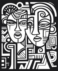 Abstract art vector outline illustration of couple, man and woman portrait. Black and white coloring page of human faces.
