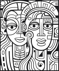 Abstract art vector outline illustration of couple, man and woman portrait. Black and white coloring page of human faces.