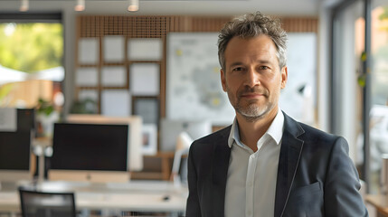 Fototapeta premium Product Launch: A German business professional in a modern office, launching a new product with dynamic polygon images to showcase innovative features and consumer benefits