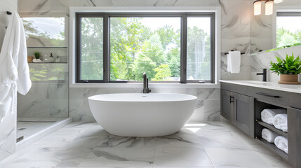 Elegant Modern Bathroom with Freestanding Bathtub, Double Vanity, and Natural Light