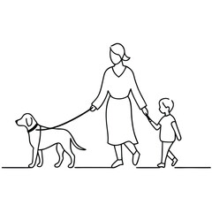 a woman going for a walk with a dog and a toddler. line art vector illustration