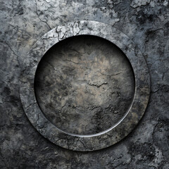 A gray metallic background with a white circle in the center, surrounded by curved metal edges. The texture of concrete and steel is visible on all sides