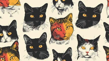 Bold and Expressive Stylized Cat Faces with Unique Color Patterns and Details.