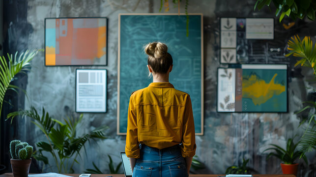 Product Launch: A Japanese product manager in a sleek workspace, presenting a product launch plan with engaging geometric shapes to emphasize key selling points and market strategies
