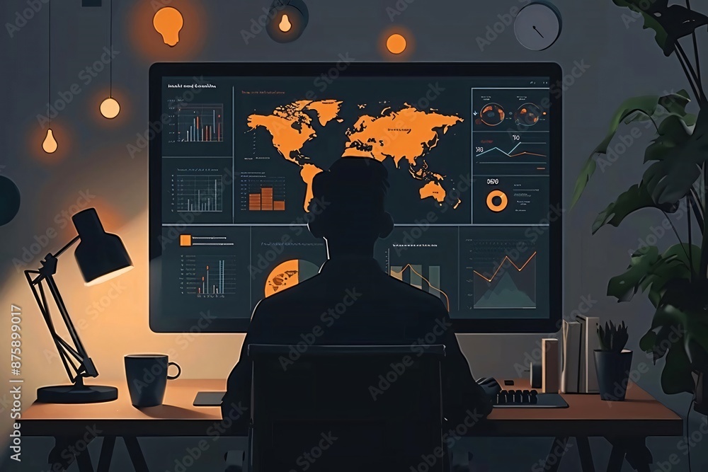Poster professional analyzing data on a computer screen with global map and statistical charts in a modern 