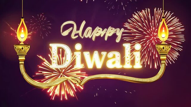 Happy Diwali text animation with colorful fireworks