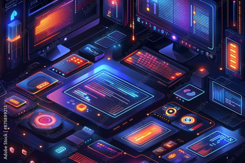 Poster futuristic digital interface with glowing buttons and screens showcasing a high-tech, cyber-themed c